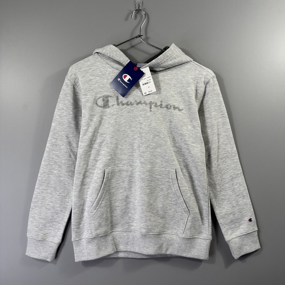 NWT Champion Hoodie Kids 10-12 Gray Fleece Logo Pullover Sweatshirt Front Pocket